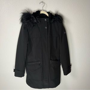 DKNY BLACK FUR LINED PEA COAT WITH DETACHABLE FAUX FUR HOOD WOMENS SZ S